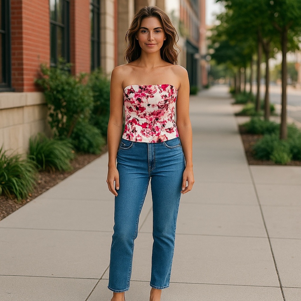 White House Black Market size 2 Floral Strapless Top Side zip hot pink/white